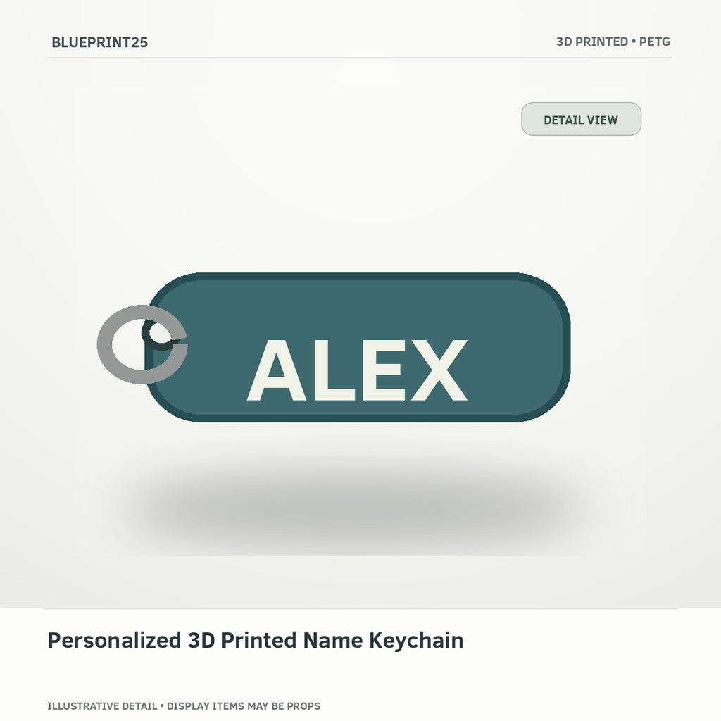 Personalized 3D Printed Name Keychain illustrative concept, detail view; final physical design has not been confirmed.