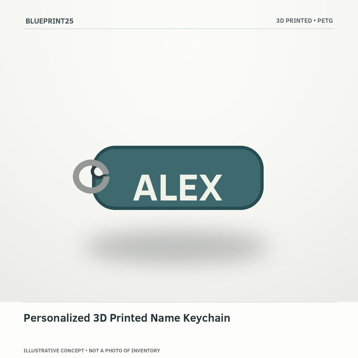 Personalized 3D Printed Name Keychain illustrative concept, main view; not a photo of finished inventory.