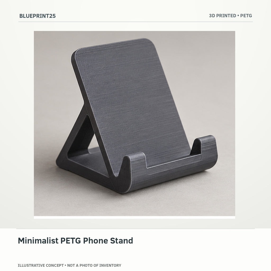 Minimalist PETG Phone Stand illustrative concept, main view; not a photo of finished inventory.