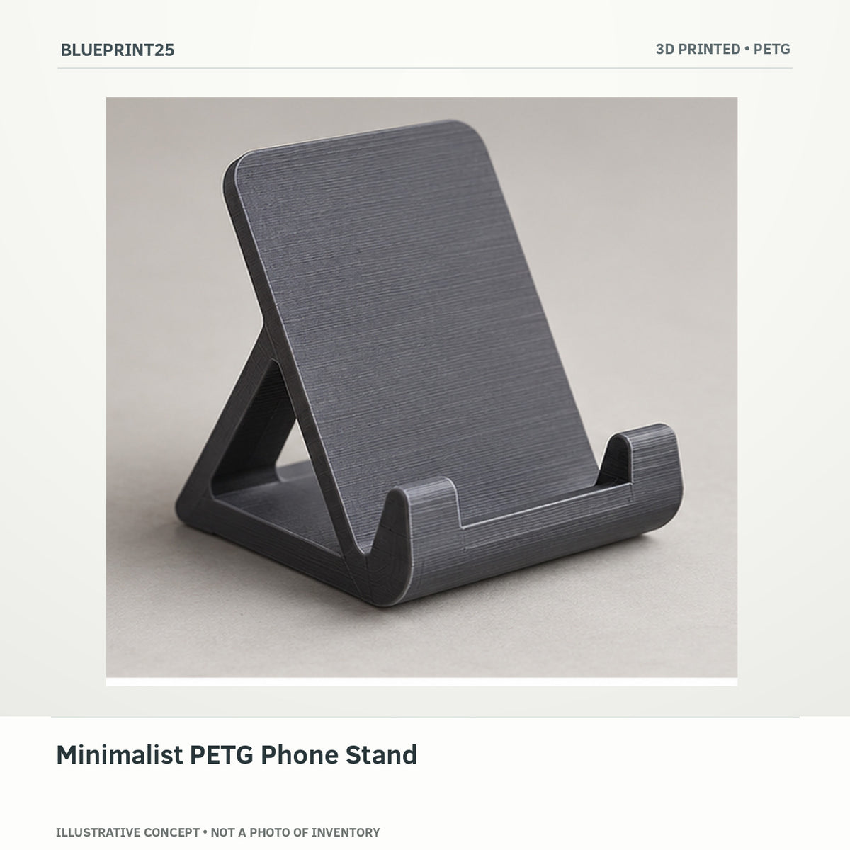 Minimalist PETG Phone Stand illustrative concept, main view; not a photo of finished inventory.