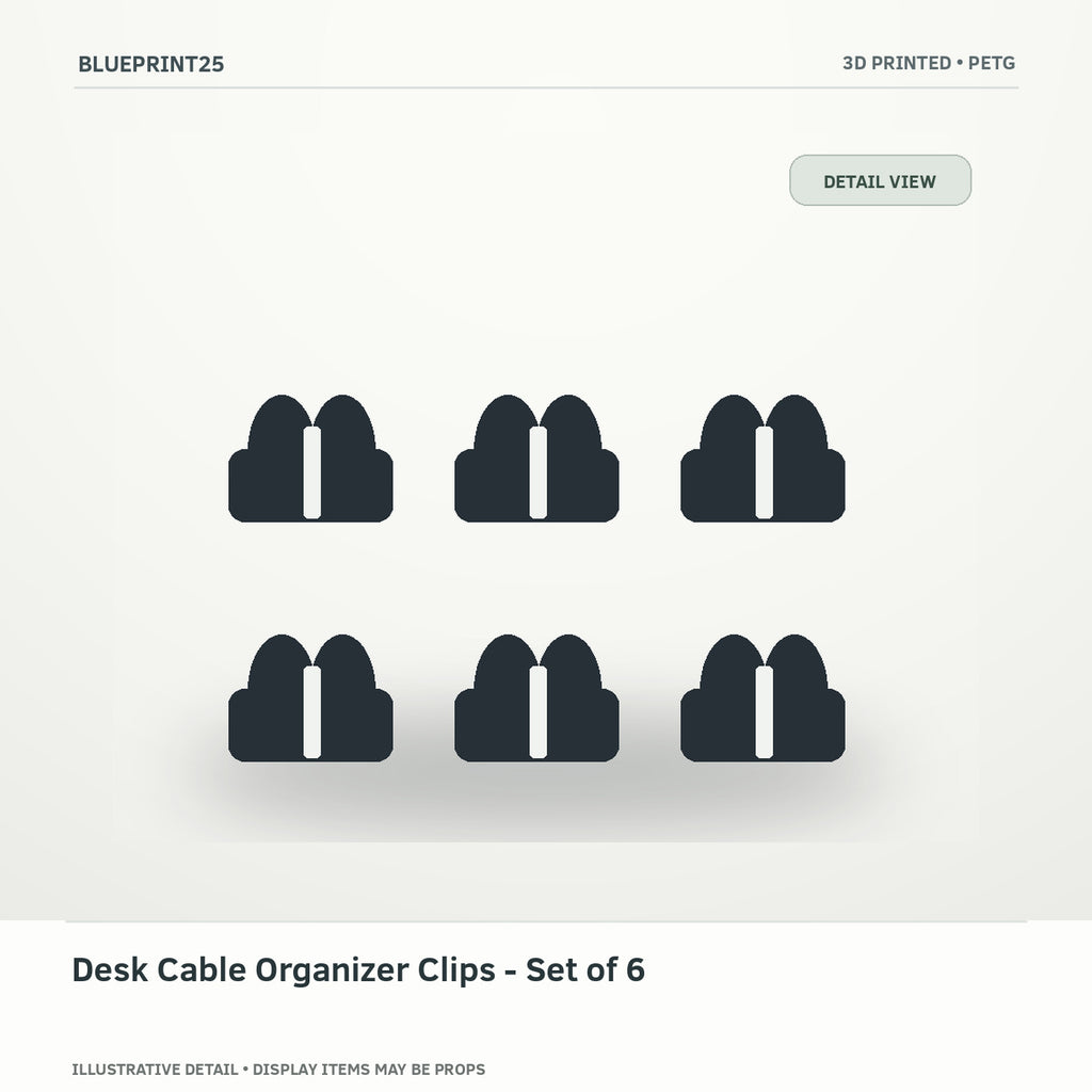 Desk Cable Organizer Clips - Set of 6 illustrative concept, detail view; final physical design has not been confirmed.