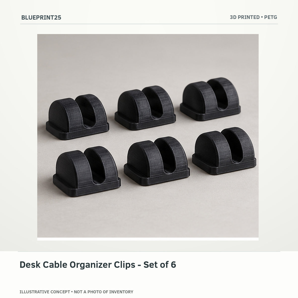 Desk Cable Organizer Clips - Set of 6 illustrative concept, main view; not a photo of finished inventory.