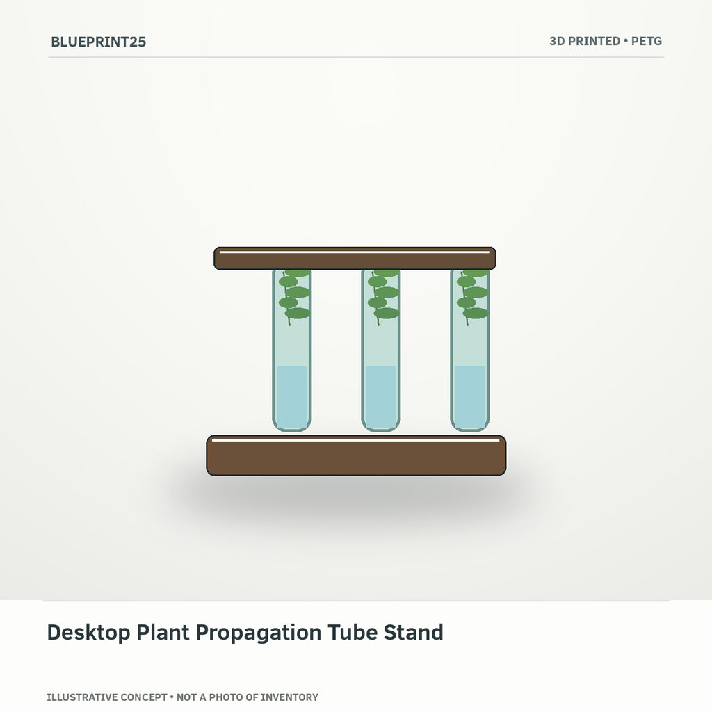 Desktop Plant Propagation Tube Stand illustrative concept, main view; not a photo of finished inventory.