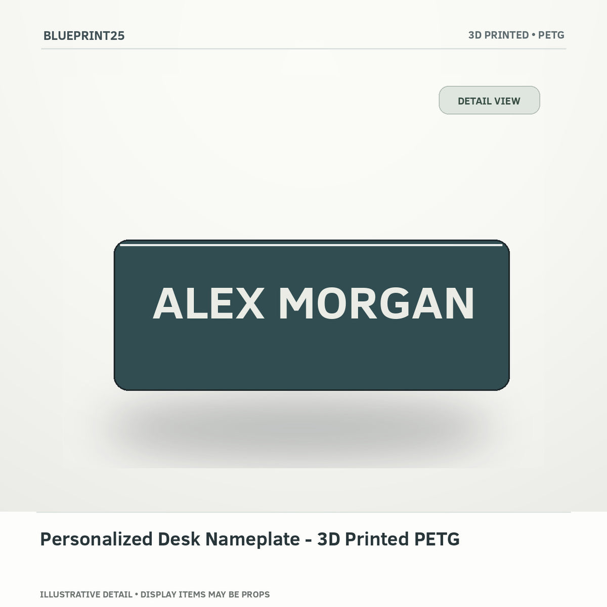 Personalized Desk Nameplate - 3D Printed PETG illustrative concept, detail view; final physical design has not been confirmed.