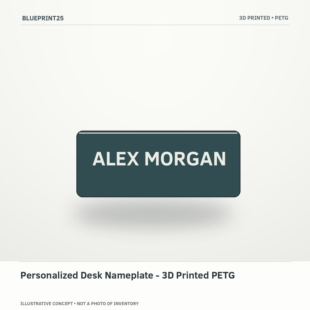 Personalized Desk Nameplate - 3D Printed PETG illustrative concept, main view; not a photo of finished inventory.