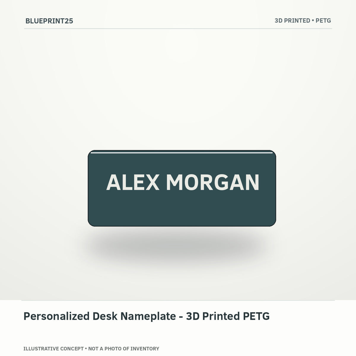Personalized Desk Nameplate - 3D Printed PETG illustrative concept, main view; not a photo of finished inventory.
