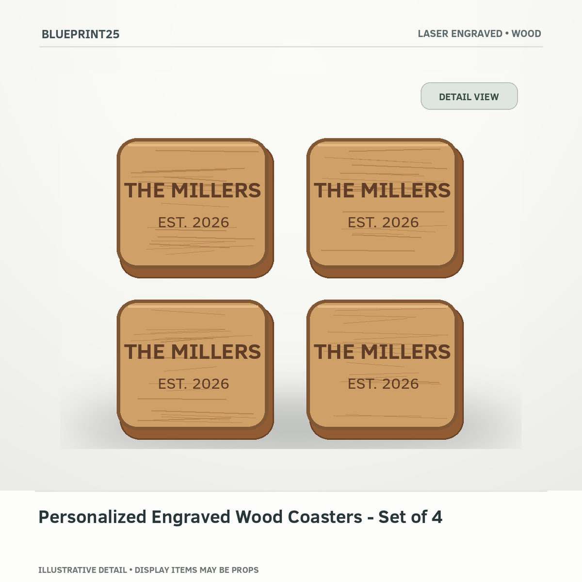 Personalized Engraved Wood Coasters - Set of 4 illustrative concept, detail view; final physical design has not been confirmed.