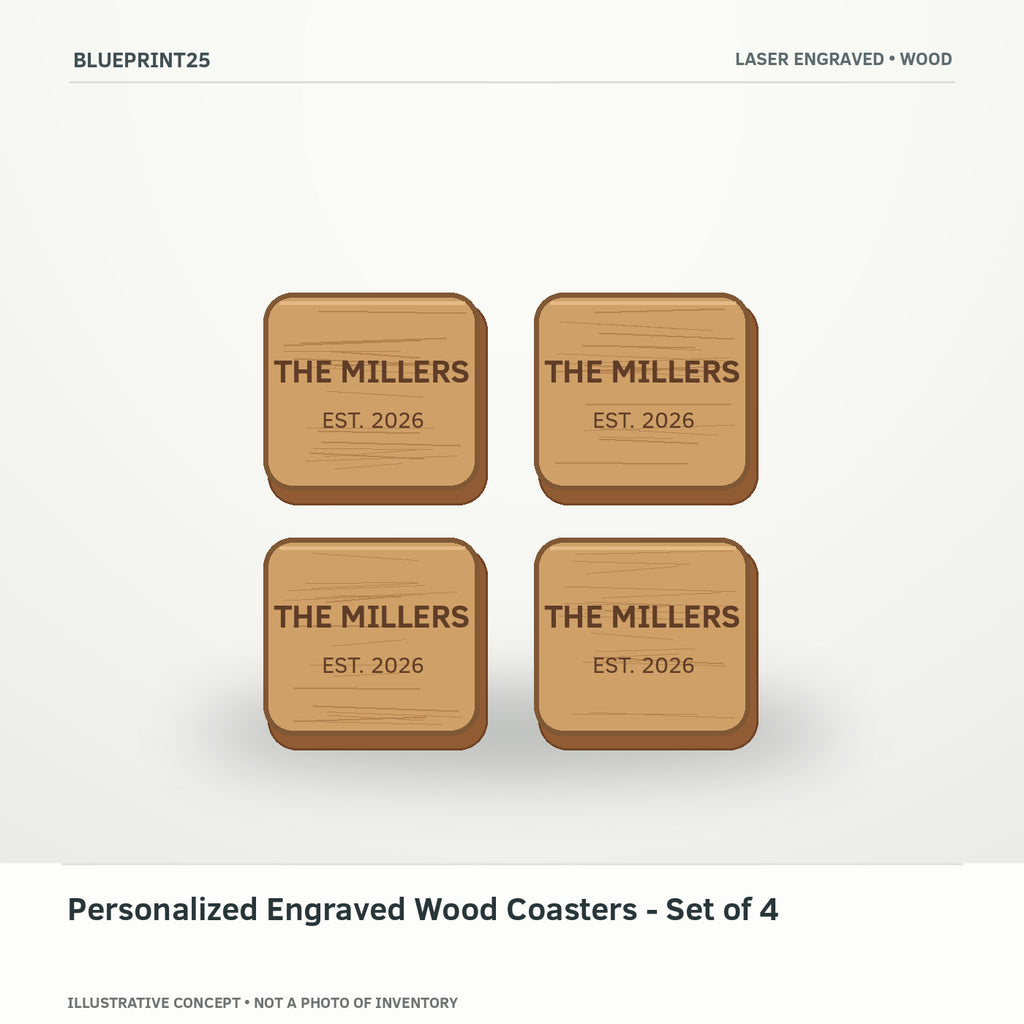 Personalized Engraved Wood Coasters - Set of 4 illustrative concept, main view; not a photo of finished inventory.