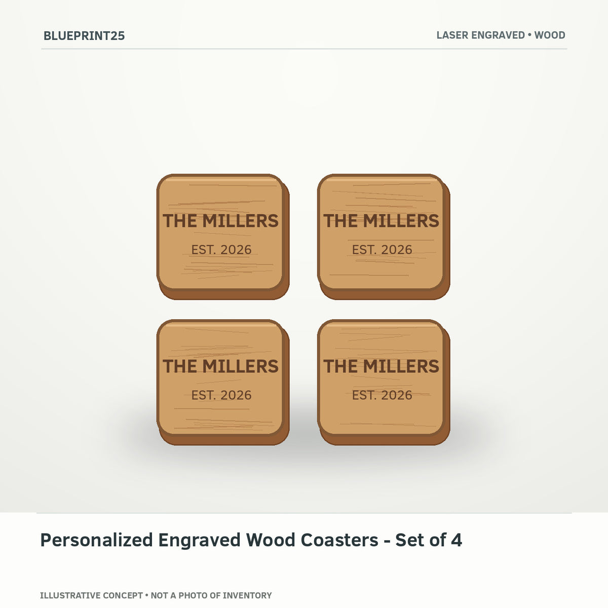 Personalized Engraved Wood Coasters - Set of 4 illustrative concept, main view; not a photo of finished inventory.