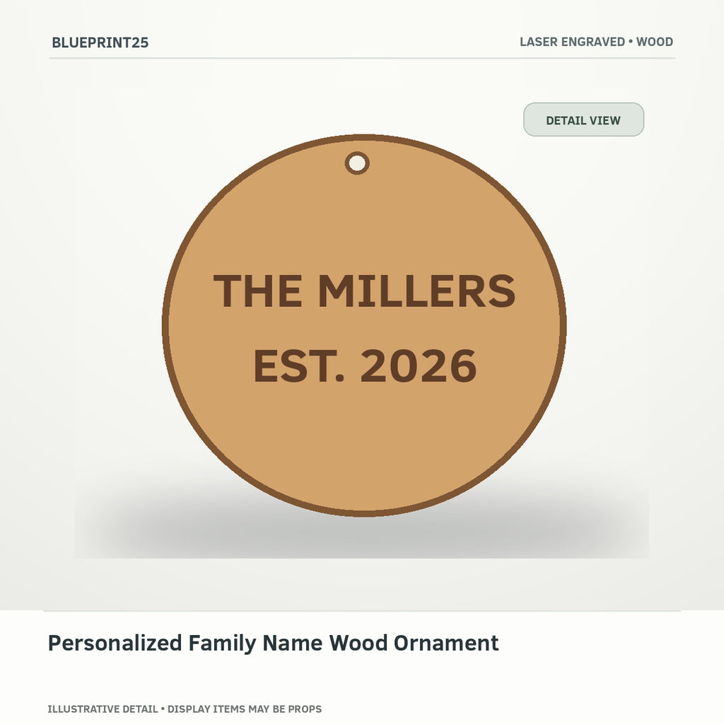 Personalized Family Name Wood Ornament illustrative concept, detail view; final physical design has not been confirmed.