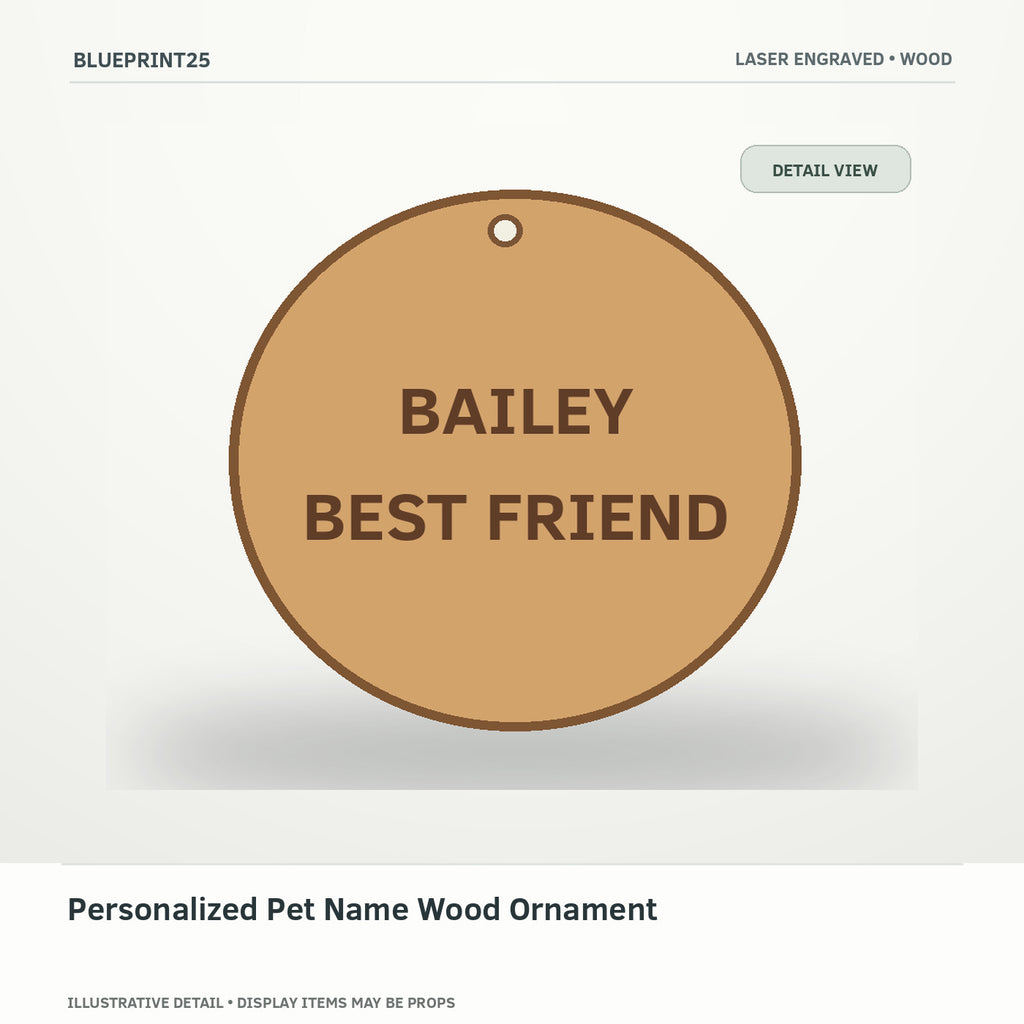 Personalized Pet Name Wood Ornament illustrative concept, detail view; final physical design has not been confirmed.