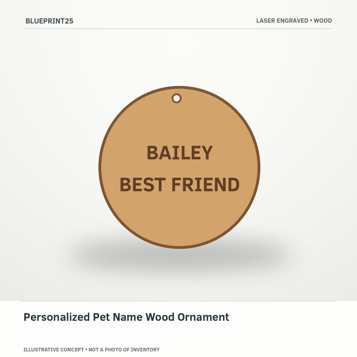 Personalized Pet Name Wood Ornament illustrative concept, main view; not a photo of finished inventory.