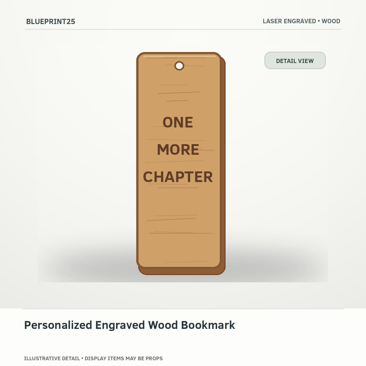 Personalized Engraved Wood Bookmark illustrative concept, detail view; final physical design has not been confirmed.