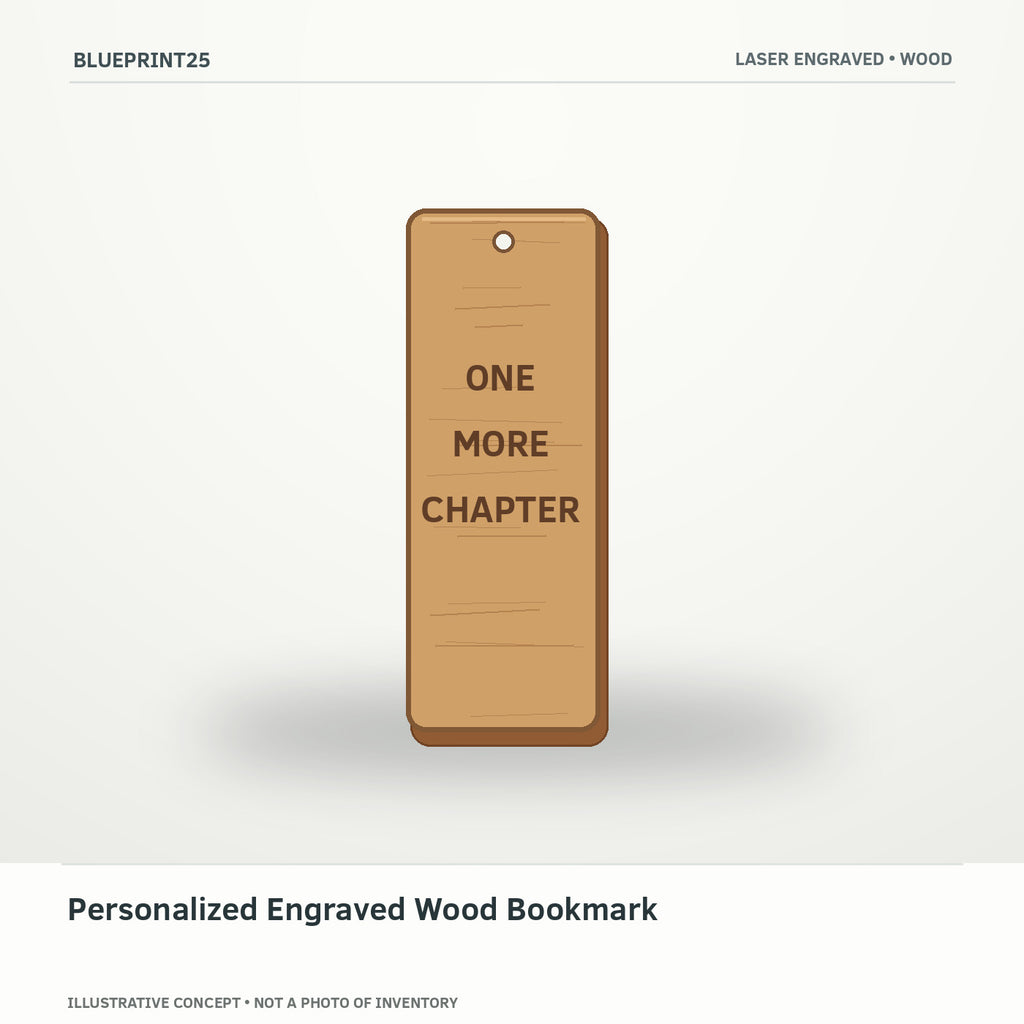 Personalized Engraved Wood Bookmark illustrative concept, main view; not a photo of finished inventory.