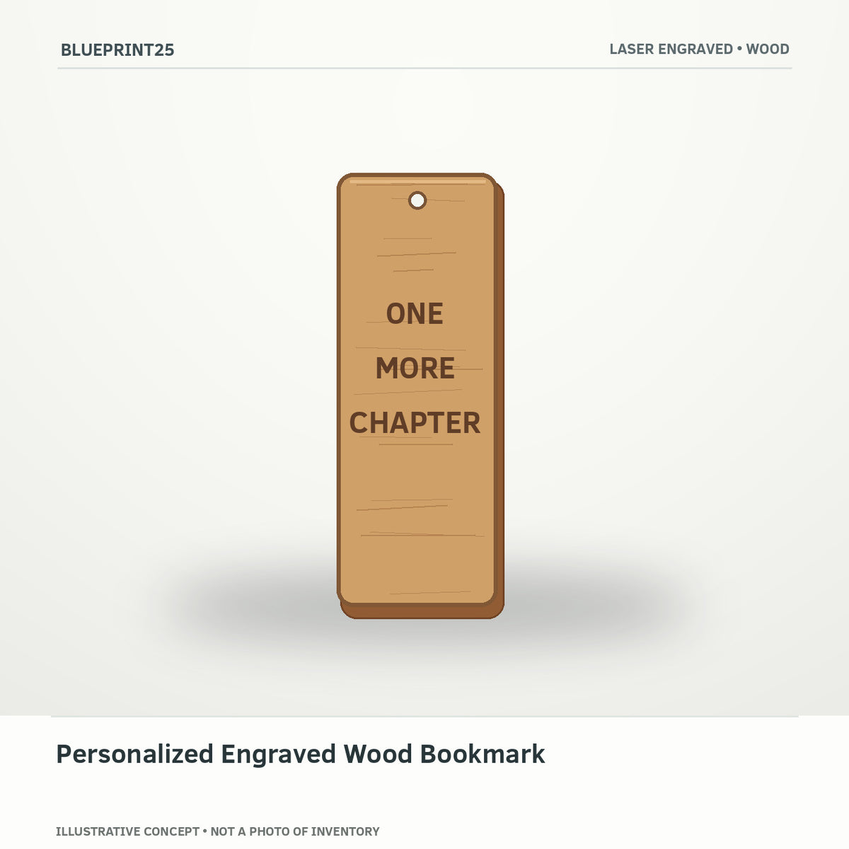 Personalized Engraved Wood Bookmark illustrative concept, main view; not a photo of finished inventory.