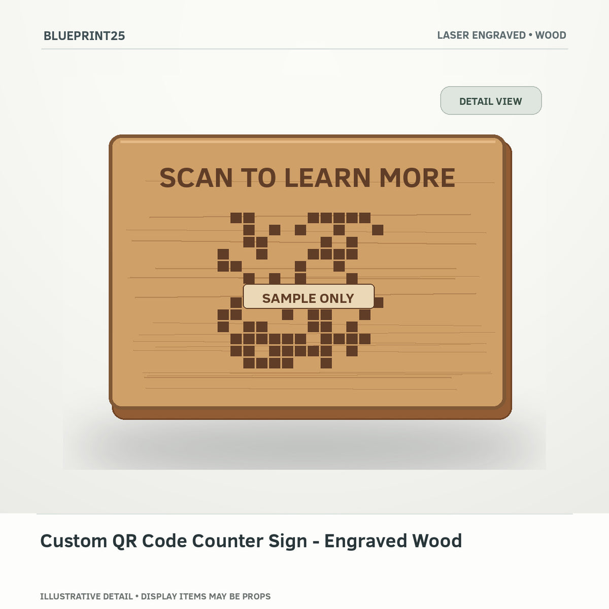 Custom QR Code Counter Sign - Engraved Wood illustrative concept, detail view; final physical design has not been confirmed.
