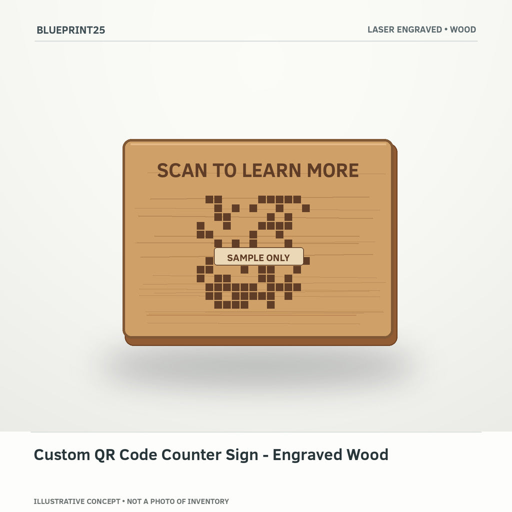 Custom QR Code Counter Sign - Engraved Wood illustrative concept, main view; not a photo of finished inventory.