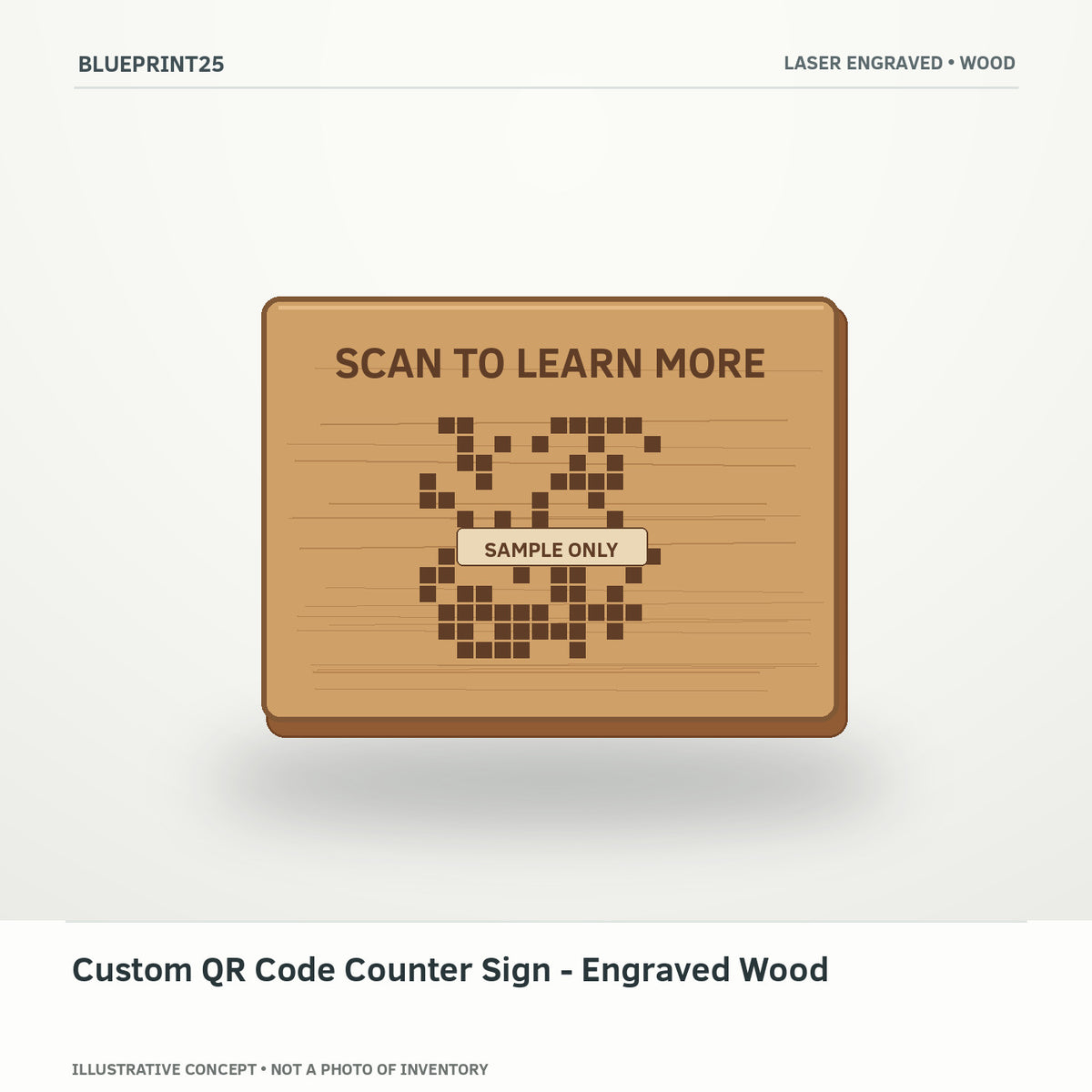 Custom QR Code Counter Sign - Engraved Wood illustrative concept, main view; not a photo of finished inventory.