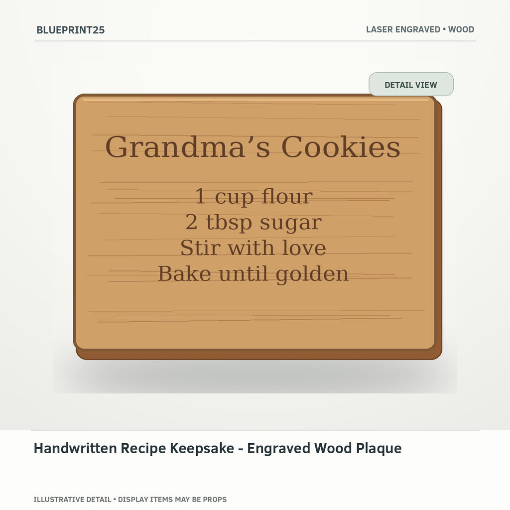 Handwritten Recipe Keepsake - Engraved Wood Plaque illustrative concept, detail view; final physical design has not been confirmed.