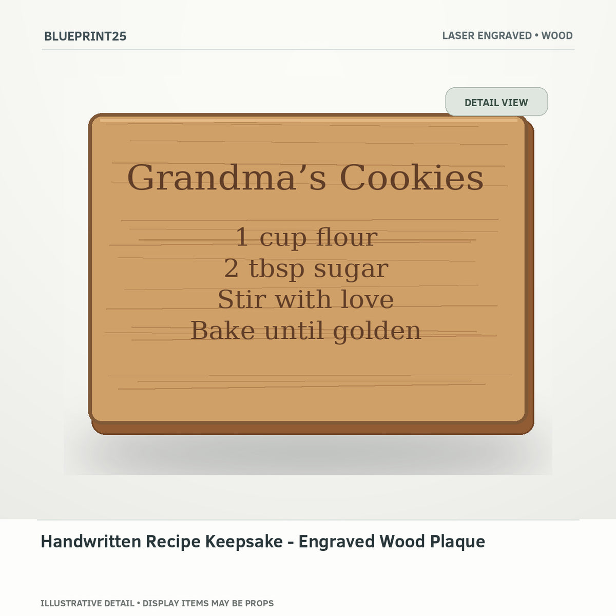 Handwritten Recipe Keepsake - Engraved Wood Plaque illustrative concept, detail view; final physical design has not been confirmed.