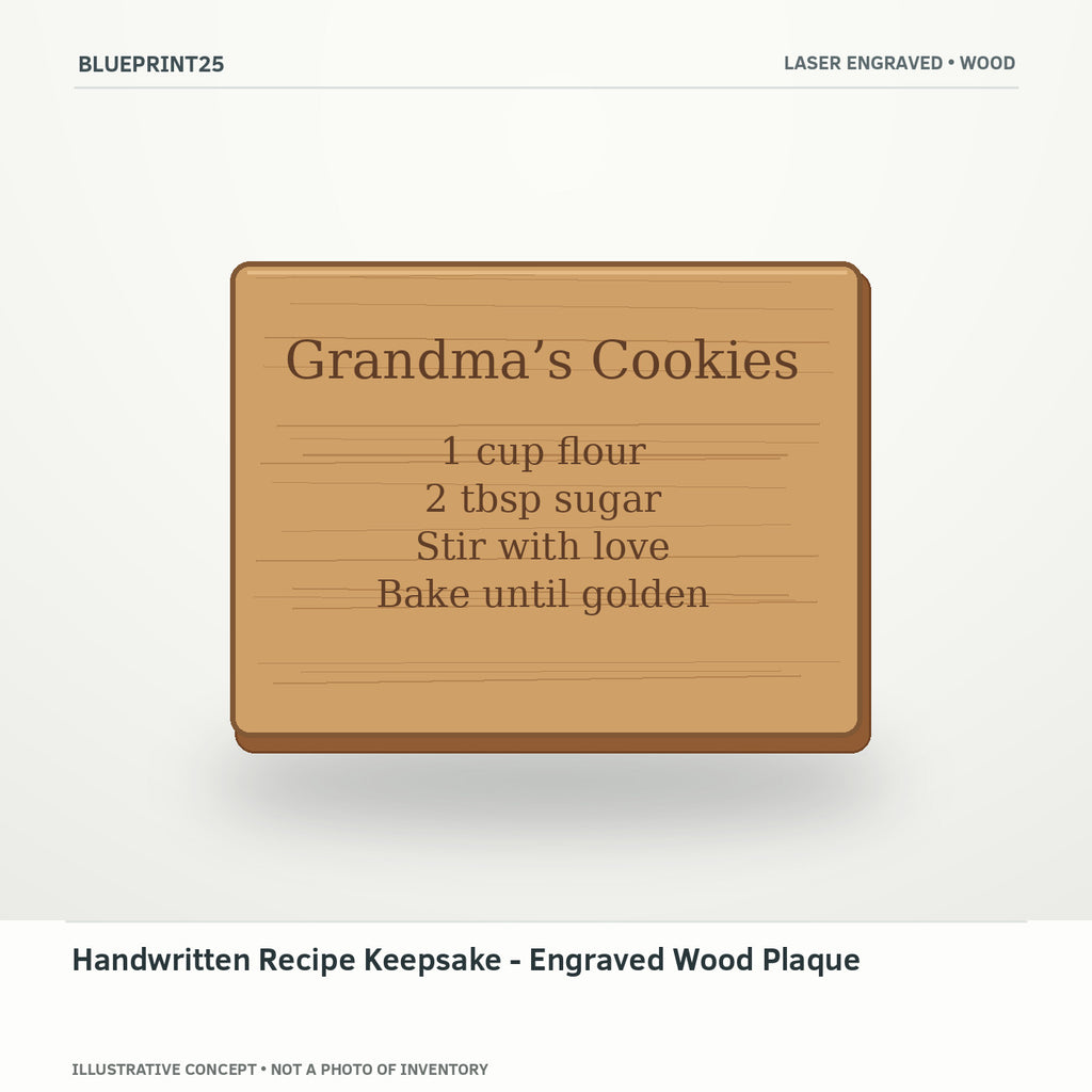 Handwritten Recipe Keepsake - Engraved Wood Plaque illustrative concept, main view; not a photo of finished inventory.