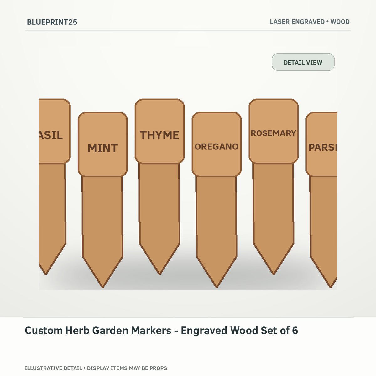 Custom Herb Garden Markers - Engraved Wood Set of 6 illustrative concept, detail view; final physical design has not been confirmed.