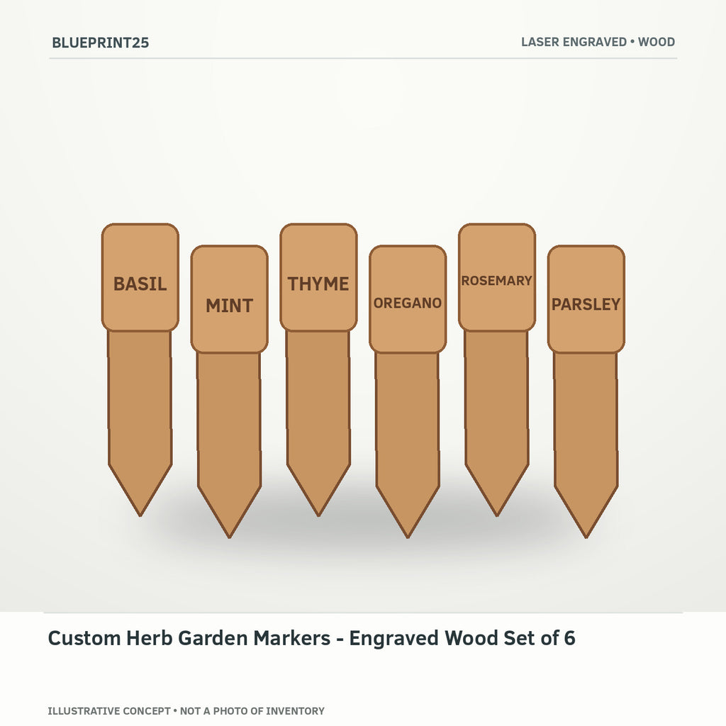 Custom Herb Garden Markers - Engraved Wood Set of 6 illustrative concept, main view; not a photo of finished inventory.