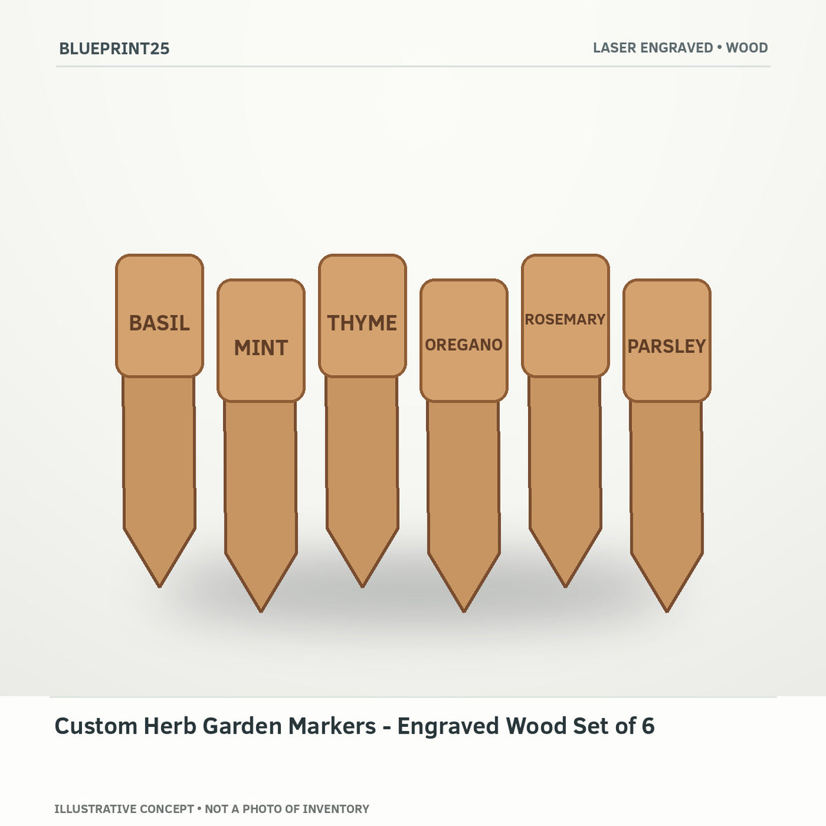 Custom Herb Garden Markers - Engraved Wood Set of 6 illustrative concept, main view; not a photo of finished inventory.