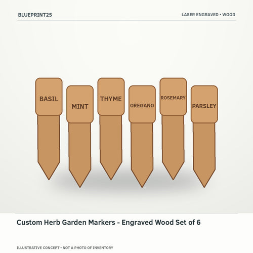 Custom Herb Garden Markers - Engraved Wood Set of 6 illustrative concept, main view; not a photo of finished inventory.