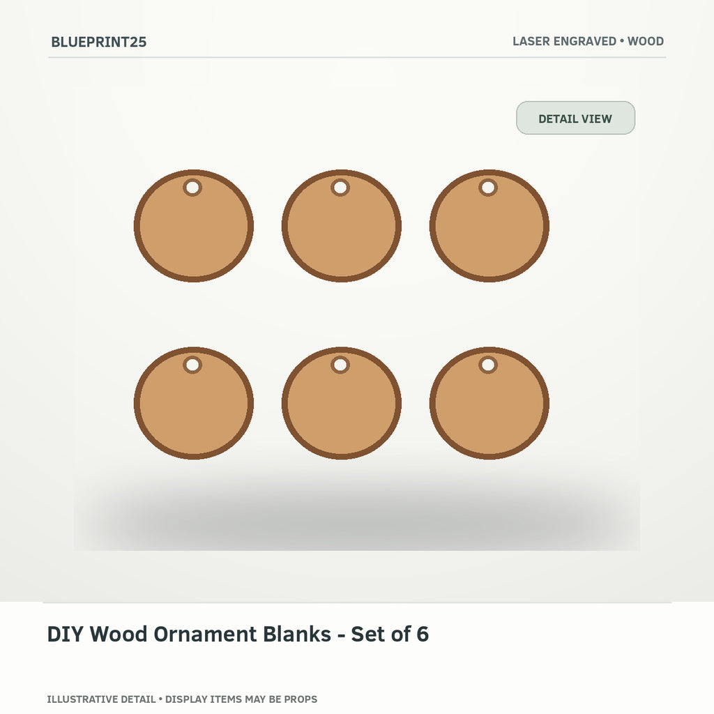 DIY Wood Ornament Blanks - Set of 6 illustrative concept, detail view; final physical design has not been confirmed.