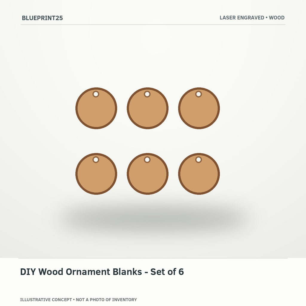 DIY Wood Ornament Blanks - Set of 6 illustrative concept, main view; not a photo of finished inventory.