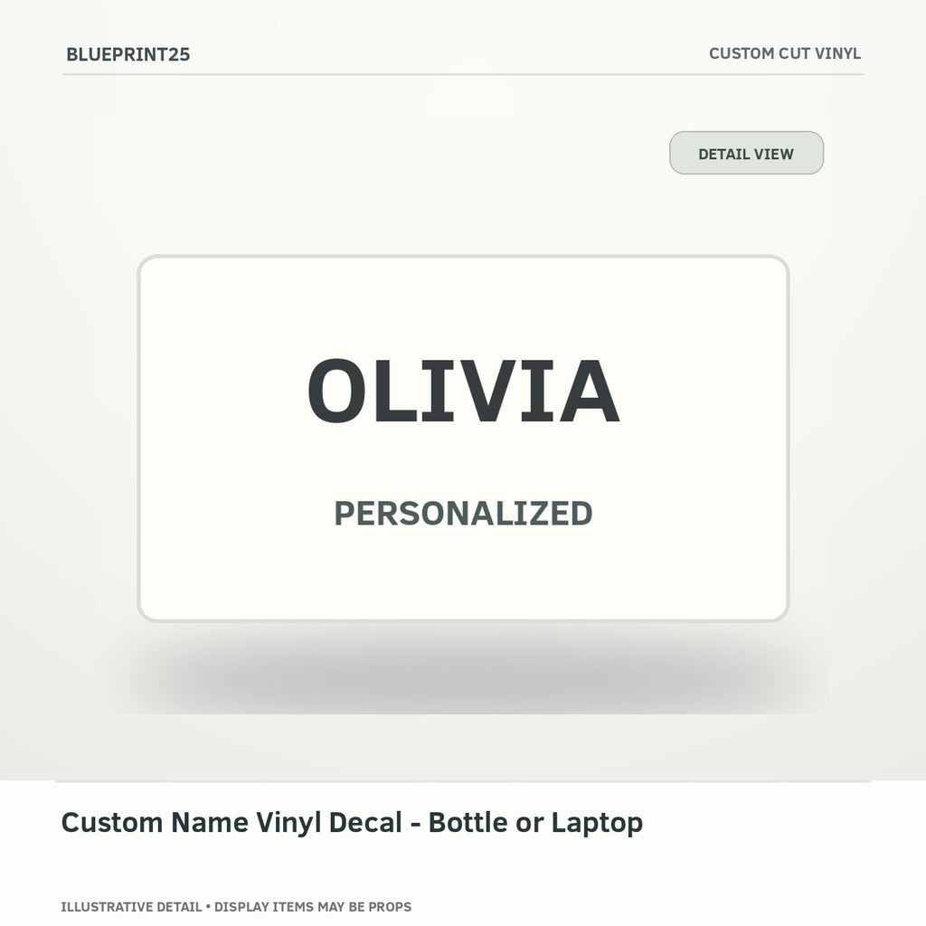 Custom Name Vinyl Decal - Bottle or Laptop illustrative concept, detail view; final physical design has not been confirmed.