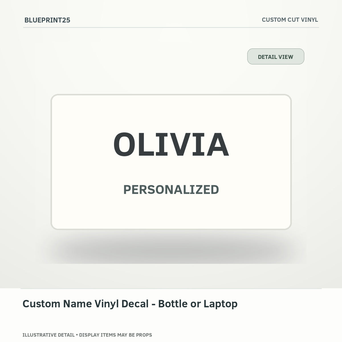 Custom Name Vinyl Decal - Bottle or Laptop illustrative concept, detail view; final physical design has not been confirmed.