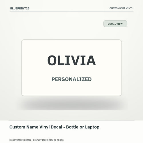 Custom Name Vinyl Decal - Bottle or Laptop illustrative concept, detail view; final physical design has not been confirmed.