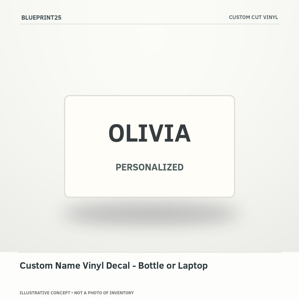 Custom Name Vinyl Decal - Bottle or Laptop illustrative concept, main view; not a photo of finished inventory.