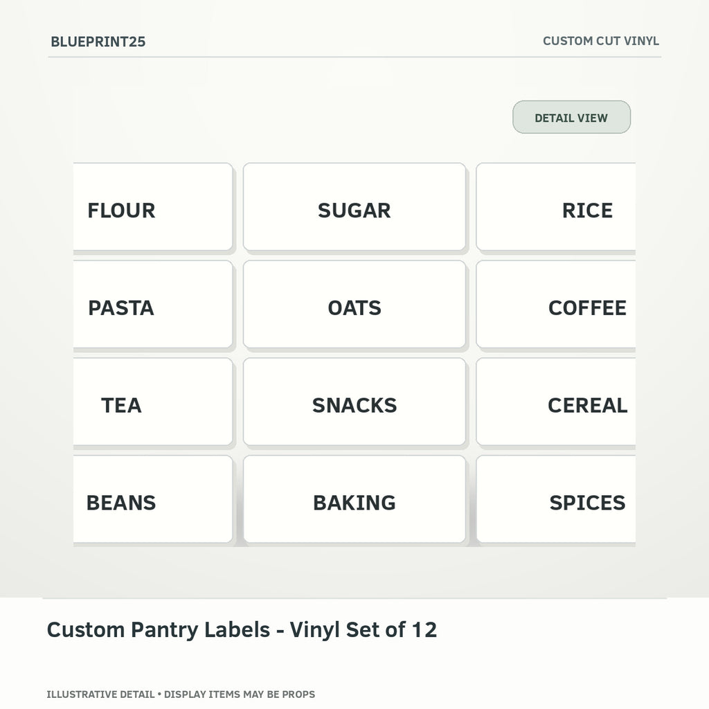 Custom Pantry Labels - Vinyl Set of 12 illustrative concept, detail view; final physical design has not been confirmed.