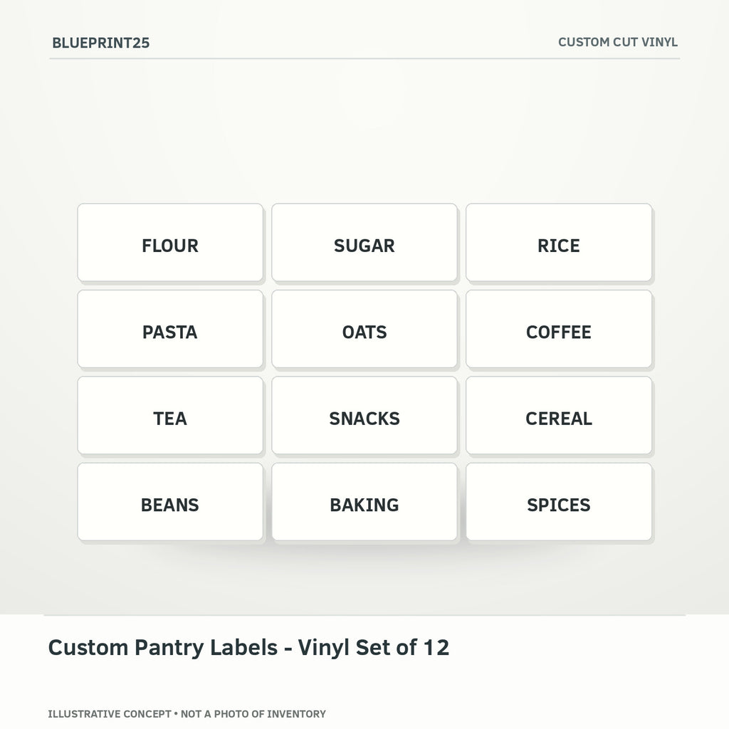 Custom Pantry Labels - Vinyl Set of 12 illustrative concept, main view; not a photo of finished inventory.