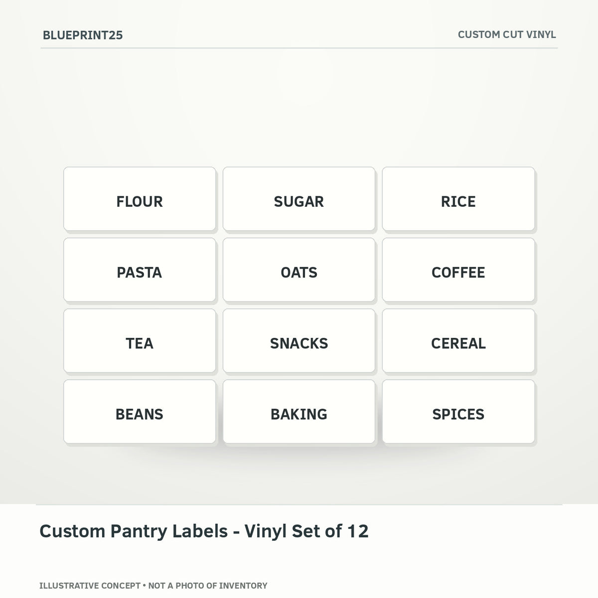 Custom Pantry Labels - Vinyl Set of 12 illustrative concept, main view; not a photo of finished inventory.
