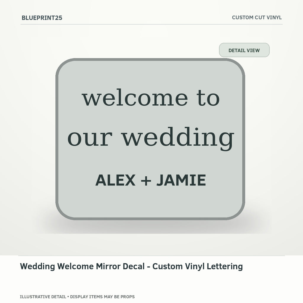 Wedding Welcome Mirror Decal - Custom Vinyl Lettering illustrative concept, detail view; final physical design has not been confirmed.