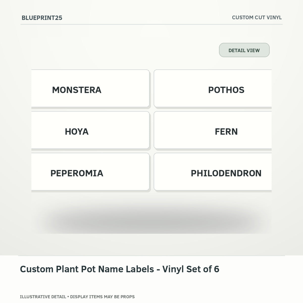 Custom Plant Pot Name Labels - Vinyl Set of 6 illustrative concept, detail view; final physical design has not been confirmed.