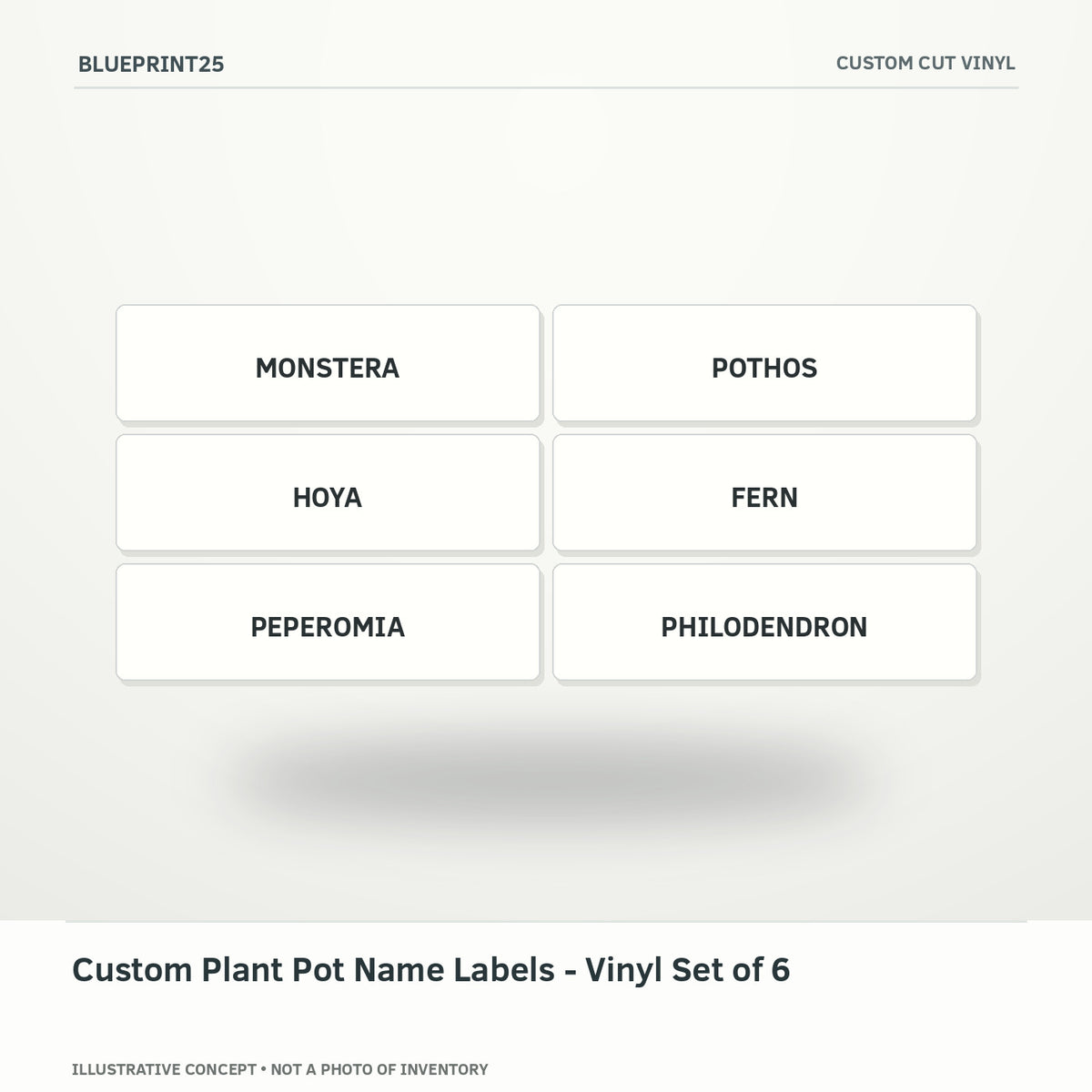 Custom Plant Pot Name Labels - Vinyl Set of 6 illustrative concept, main view; not a photo of finished inventory.