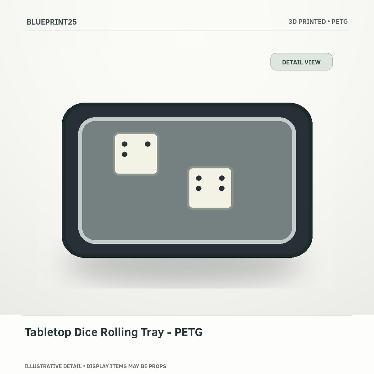 Tabletop Dice Rolling Tray - PETG illustrative concept, detail view; final physical design has not been confirmed.