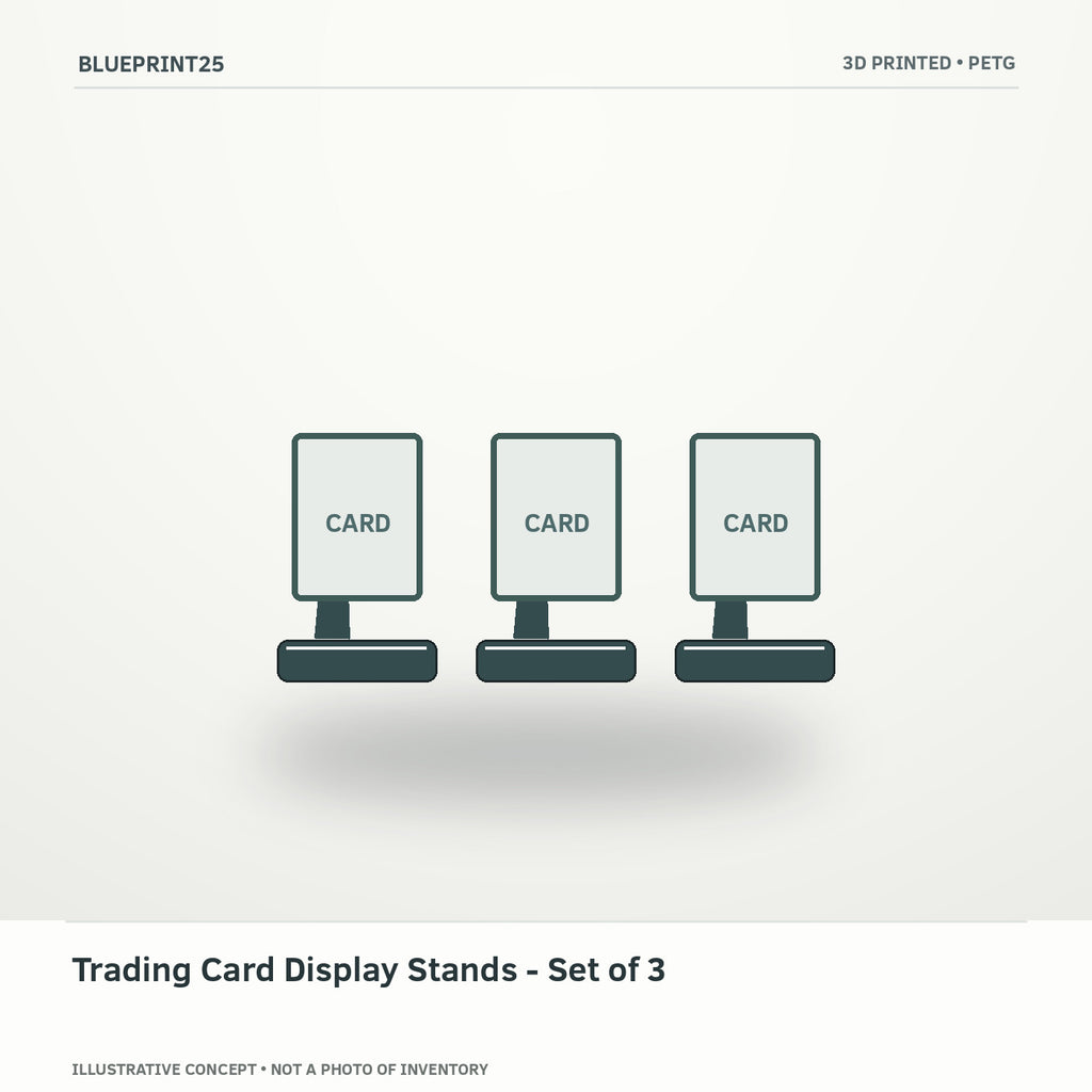 Trading Card Display Stands - Set of 3 illustrative concept, main view; not a photo of finished inventory.