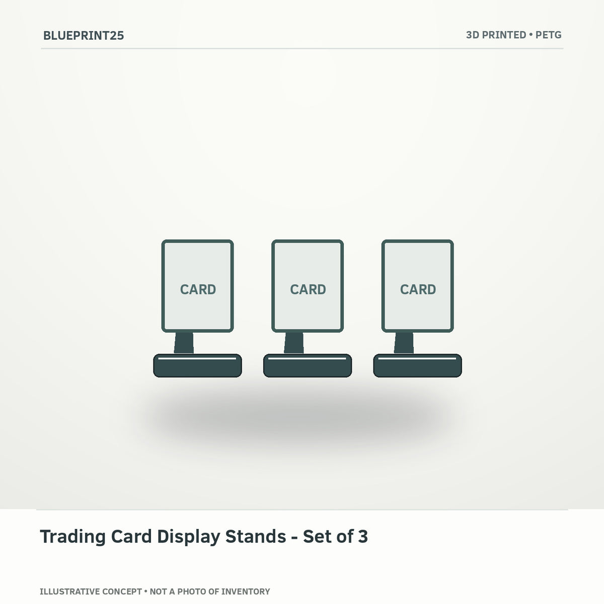 Trading Card Display Stands - Set of 3 illustrative concept, main view; not a photo of finished inventory.