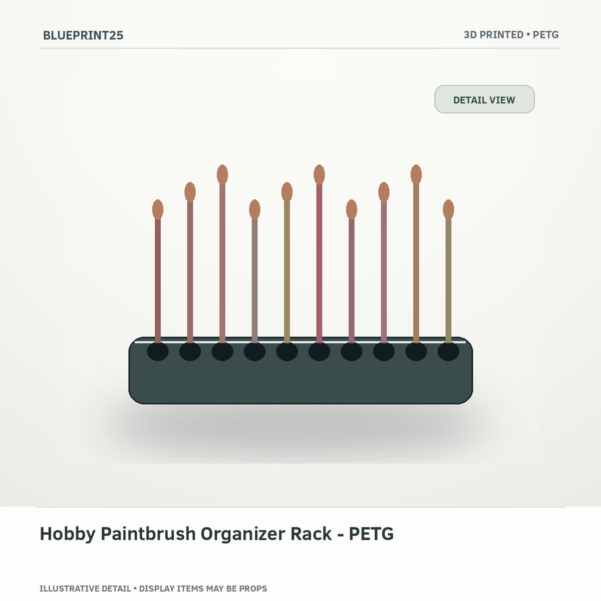 Hobby Paintbrush Organizer Rack - PETG illustrative concept, detail view; final physical design has not been confirmed.