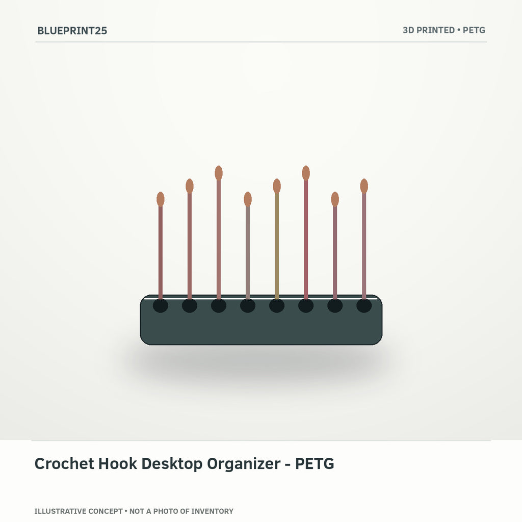 Crochet Hook Desktop Organizer - PETG illustrative concept, main view; not a photo of finished inventory.