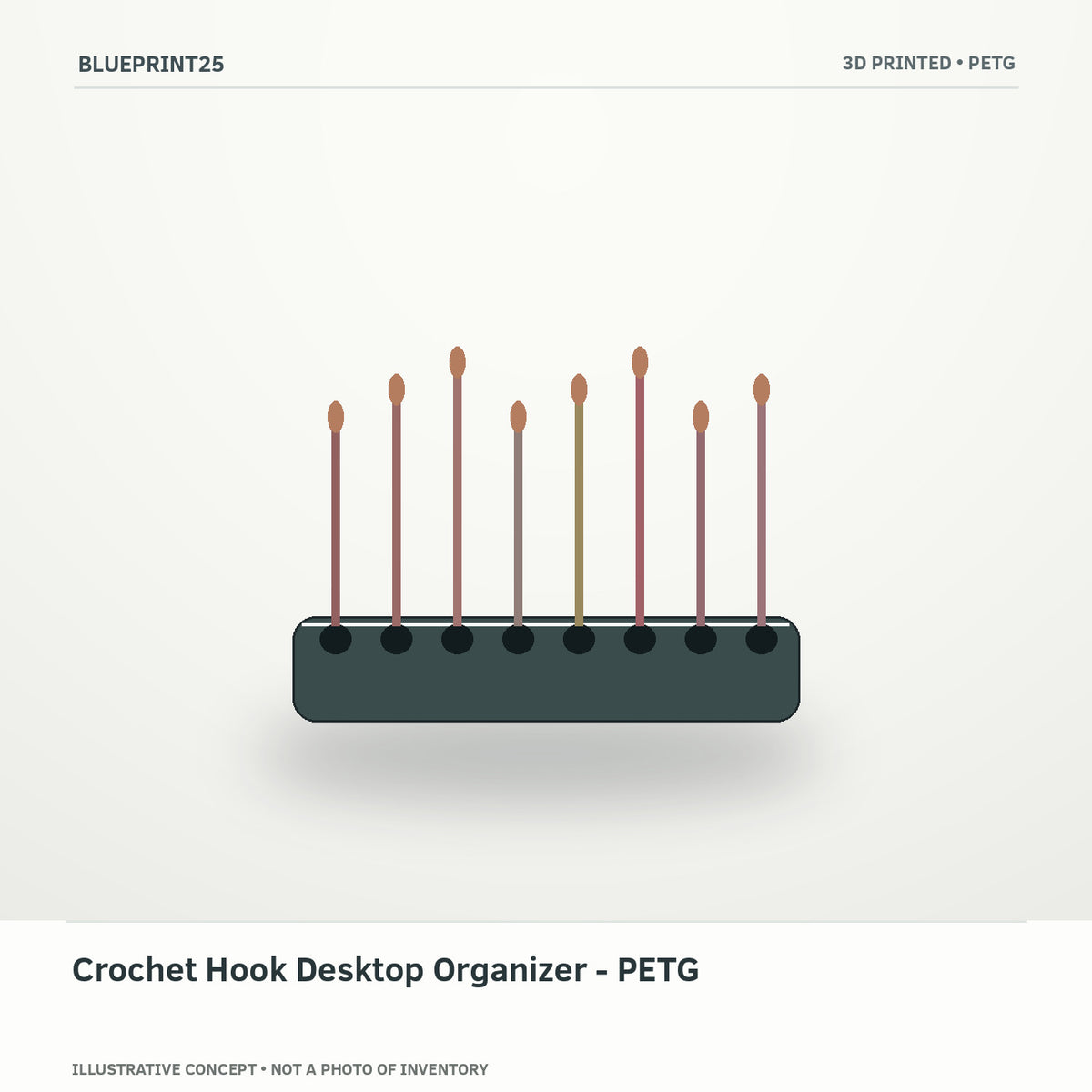 Crochet Hook Desktop Organizer - PETG illustrative concept, main view; not a photo of finished inventory.