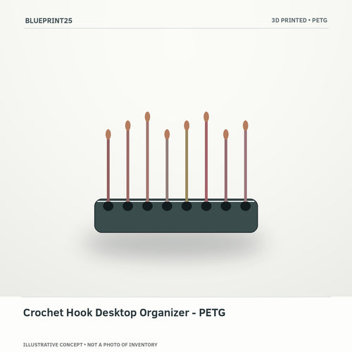 Crochet Hook Desktop Organizer - PETG illustrative concept, main view; not a photo of finished inventory.