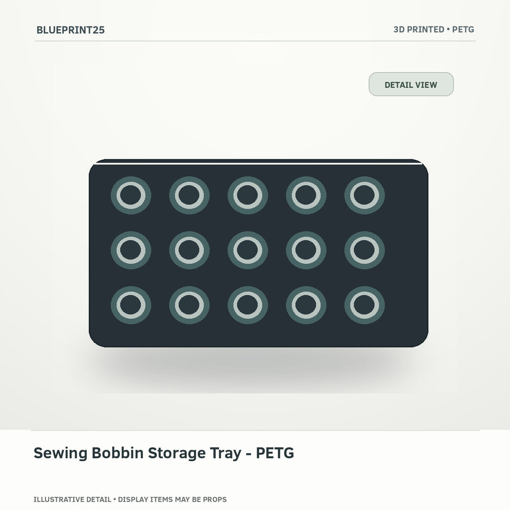 Sewing Bobbin Storage Tray - PETG illustrative concept, detail view; final physical design has not been confirmed.