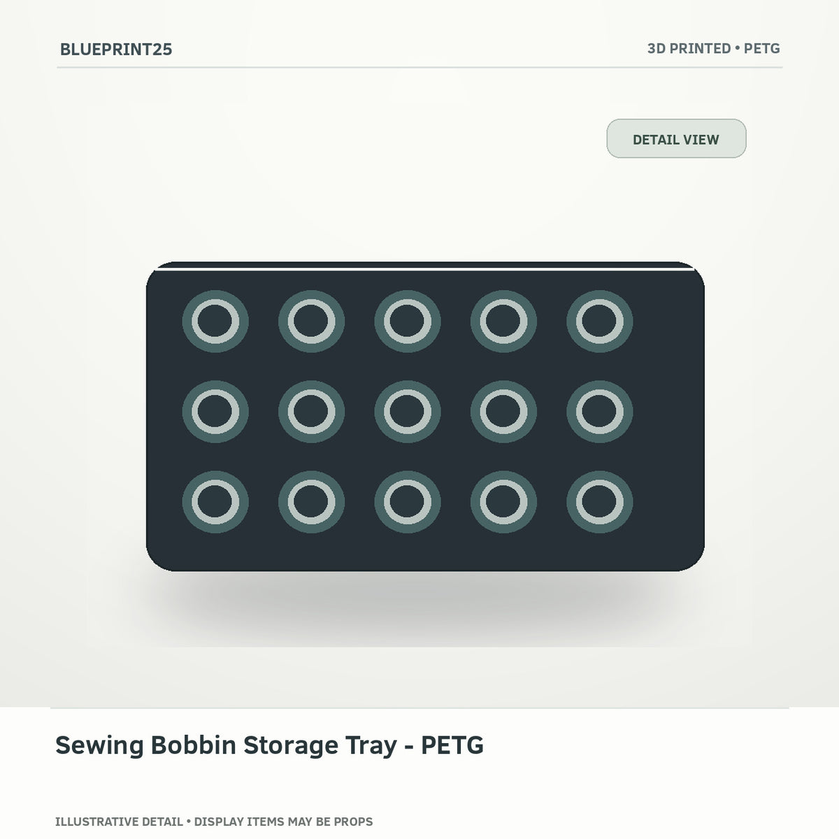 Sewing Bobbin Storage Tray - PETG illustrative concept, detail view; final physical design has not been confirmed.